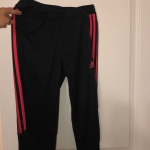 Adidas pants, coral pink stripes